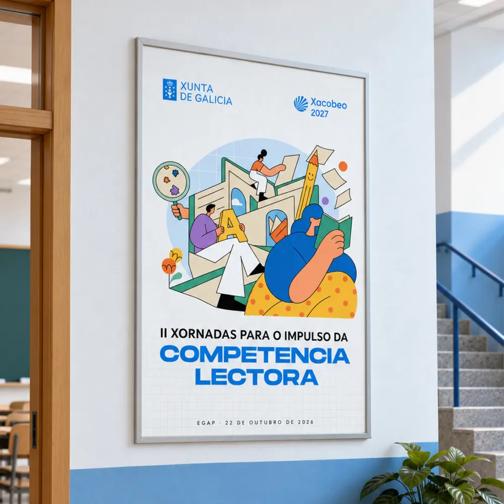 Cartel de las Xornadas colocado en el pasillo de un centro educativo